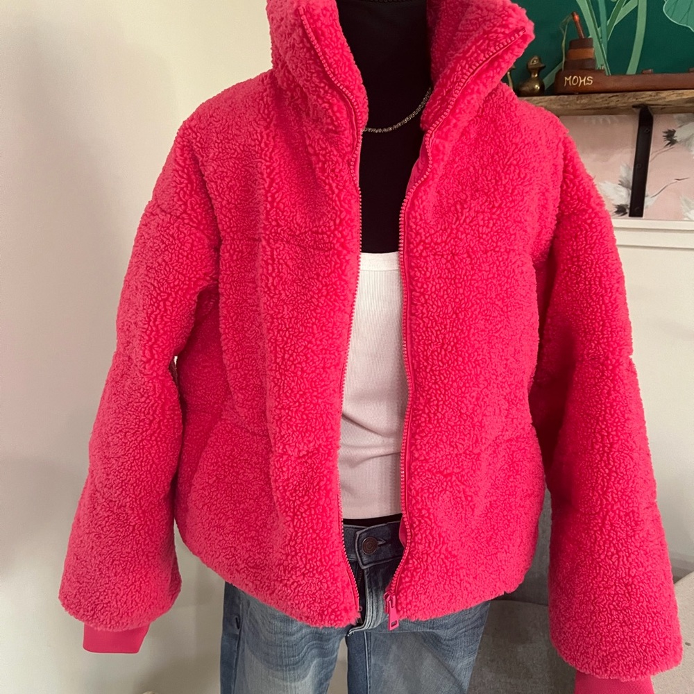 OROLAY  Puff-O Earthugger Fleece Cropped Jacket Sherpa Woman’s small Azalea Pink